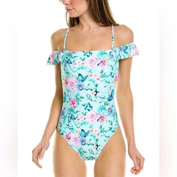 Nanette Lepore One-piece Off Shoulder Swimsuit Butterfly Garden Ruffle 10 NEW - Picture 14 of 16